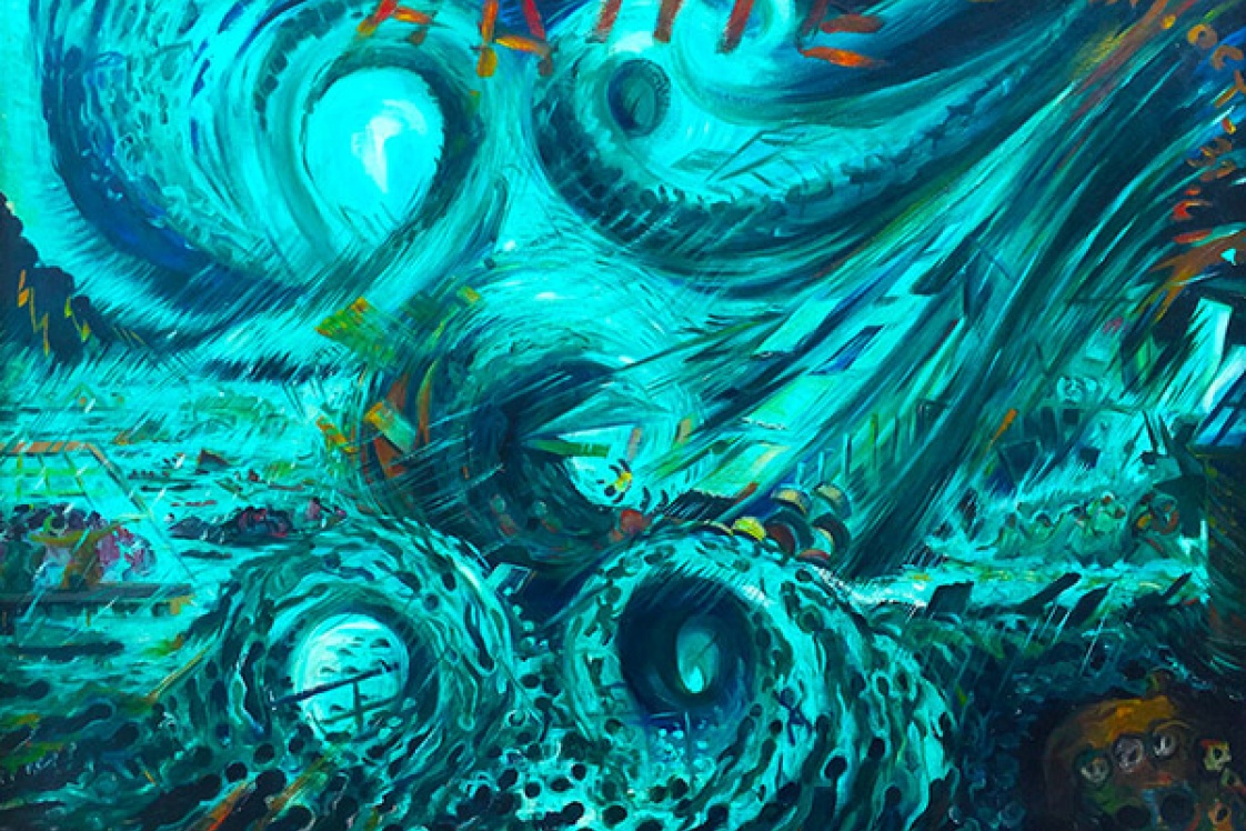 Hurricane Hattie Belize, by Delvin "Pen" Cayetano, 1996, Oil on Canvas; ©2018 Artists Rights Society, New York/ VG Bild-Kunst, Bonn; reproduced with permission | Image of painted Blue/Green swirling waves with "Hattie" painted in bold capsred at top 