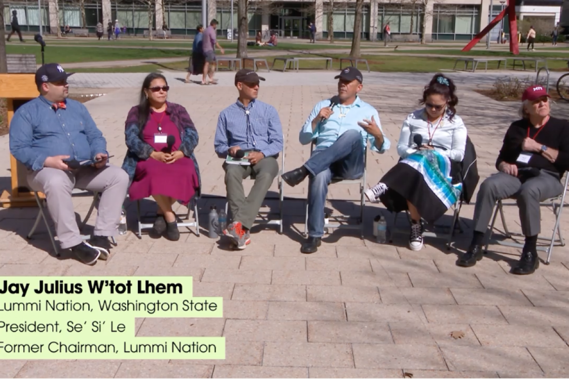 6 Indigenous partner panelists shown, text referring to person speaking: "Jay Julius W'tot Lhem Lummi Nation, Washington State President, Se' Si' Le Former Chairman, Lummi Nation"