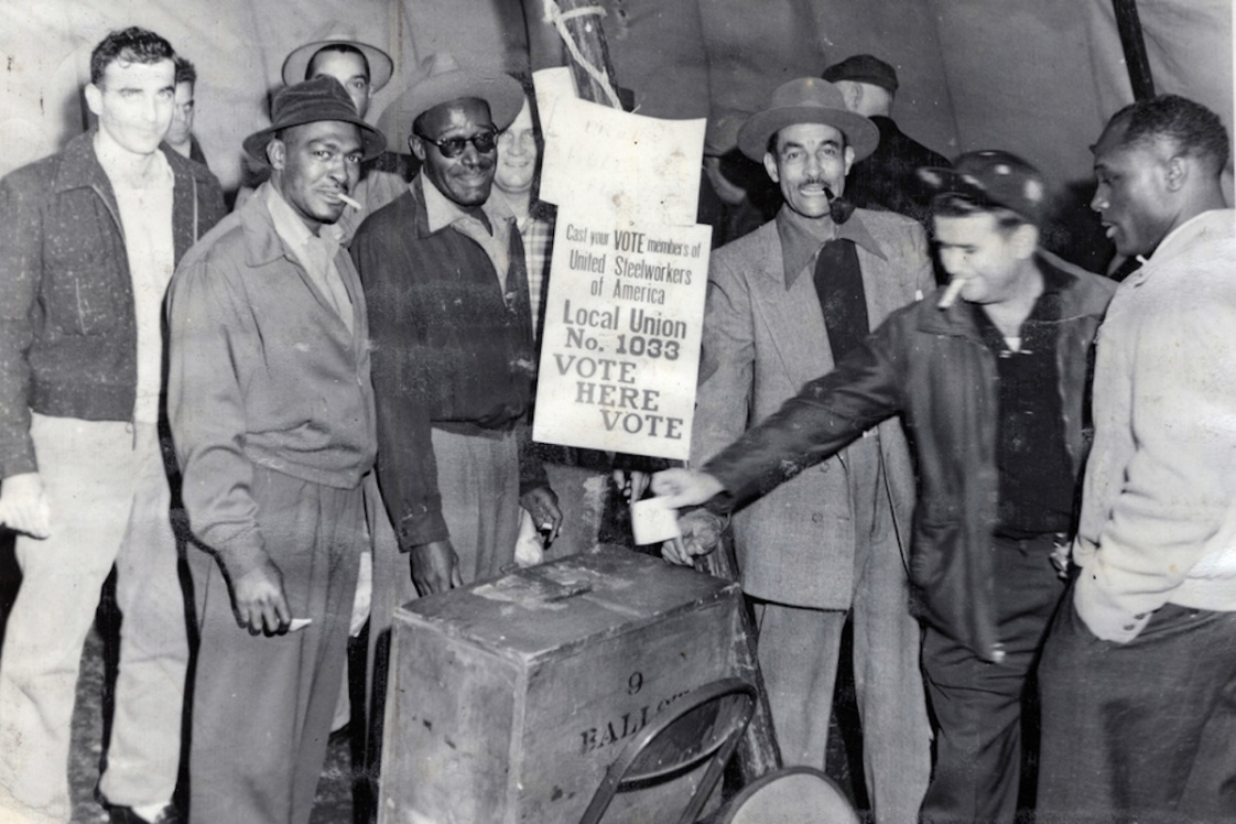Workers vote in an election for Local 1033 of the United Steelworkers of America. The local emerged after the 1937 Memorial Day Massacre in Chicago, when 10 steelworkers striking for union recognition were killed. Credits: Photo: courtesy of the Southeast Chicago Historical Society Digital Archive 