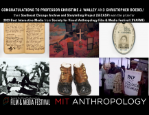 Congratulations to Professor Christine J. Walley and Christopher Boebel! their Southeast Chicago Archive and Storytelling Project (SECASP) won the prize for  2023 Best Interactive Media from Society for Visual Anthropology Film & Media Festival (SVAFMF) images from the archive include pages from a journal, photos of people striking, christian imagery, a worker id, a pair of boots 