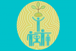  Logo: an oval with 4 human figures in blue holding up one human figure who is holding up a plant sprouting 3 leaves, almost as a crown