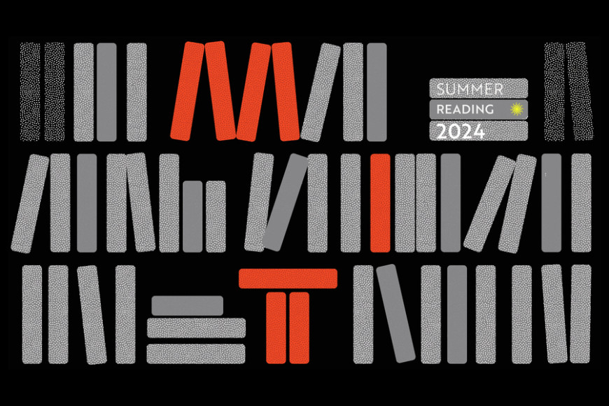 Stylized picture with grey rectangles arranged like books on 3 shelves: Red rectangles on each shelf form letters M, I, & T. Three rectangles appear to bear "Summer" "Reading" "2024" as their titles