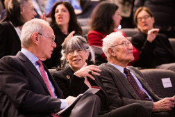 (From left to right) MIT President L. Rafael Reif; Susan Silbey, the Leon and Anne Goldberg Professor of Humanities, Sociology and Anthropology, and Professor of Behavioral and Policy Sciences at the Sloan School of Management; and University Professor Emeritus Robert M. Solow, before Silbey delivered the 48th Annual James R. Killian, Jr. Faculty Achievement Award Lecture at MIT on Tuesday, February 11, 2020